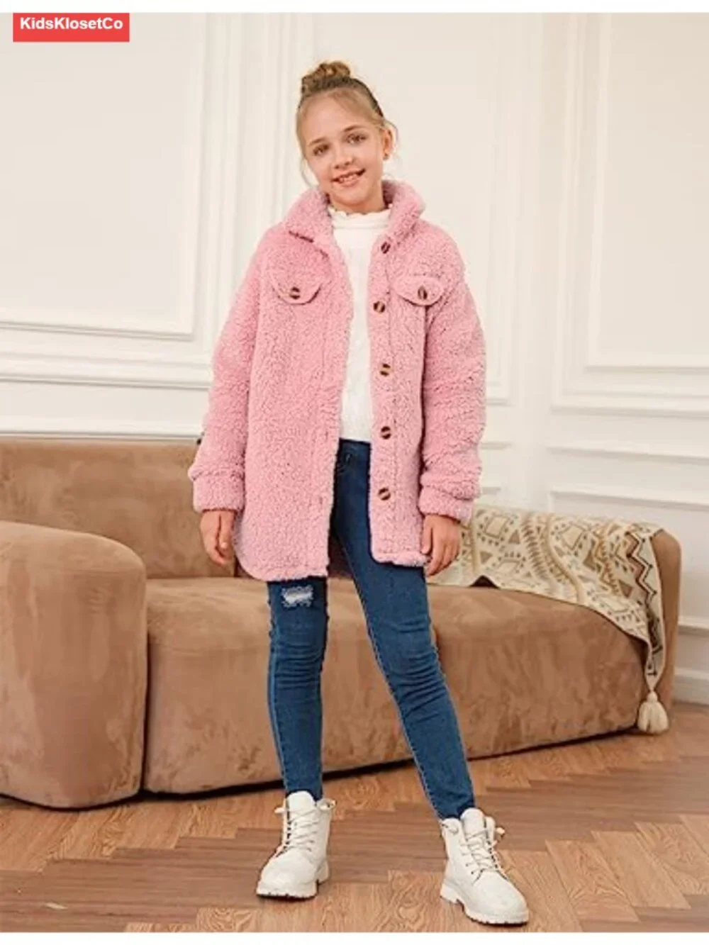 Girls Fuzzy Sherpa Fleece Jacket Casual Button Down Winter Coat